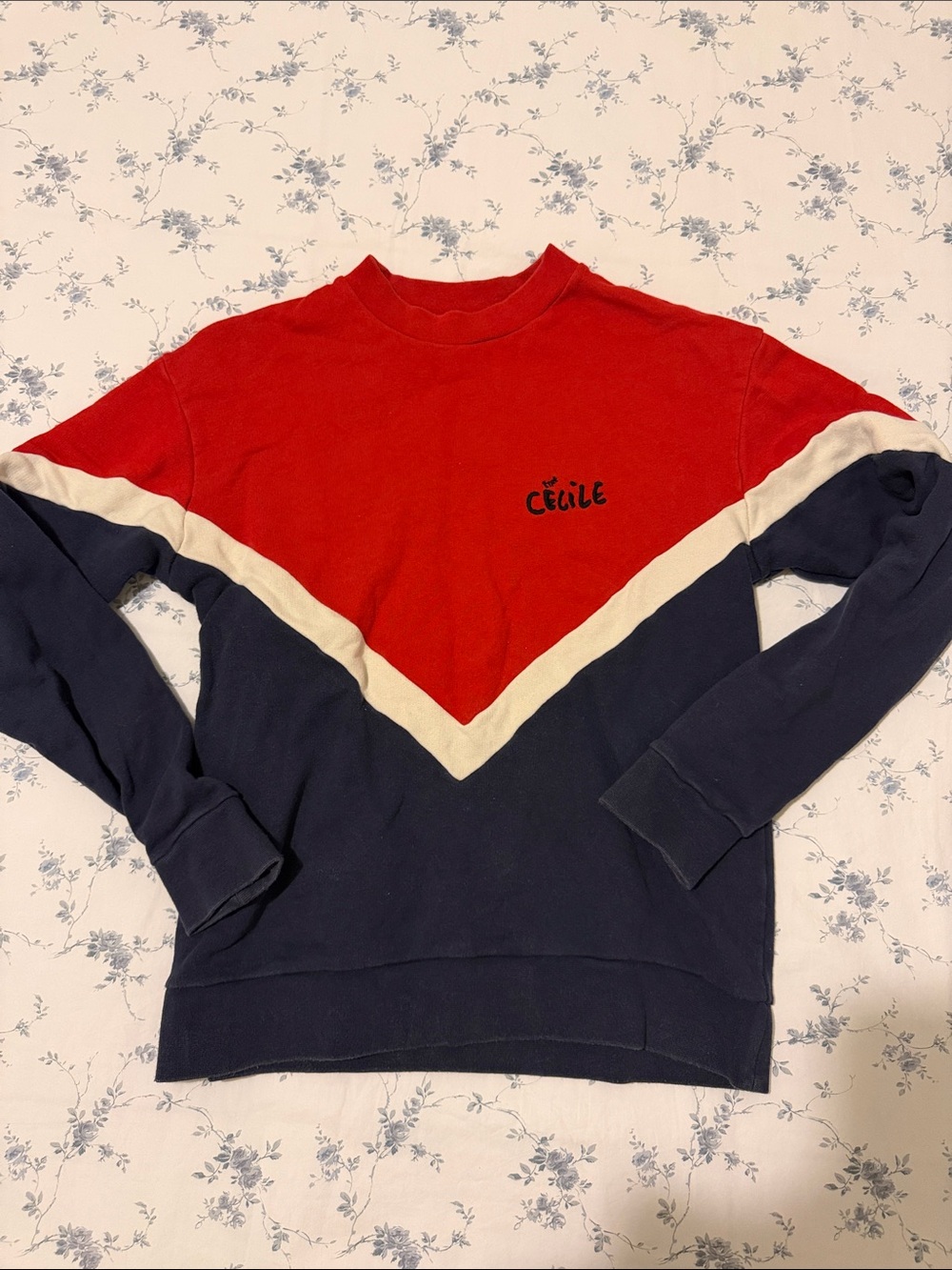 Cécile Red, Navy & Cream V-Panel Crewneck Sweater